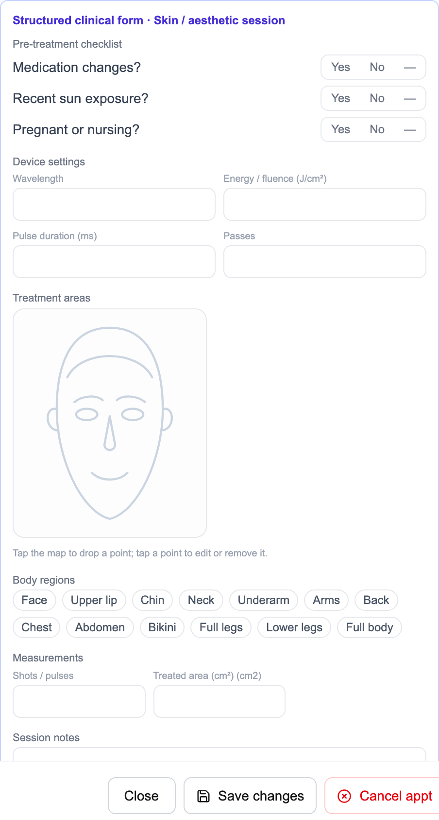 A clinical form built from widgets, with an anatomy map