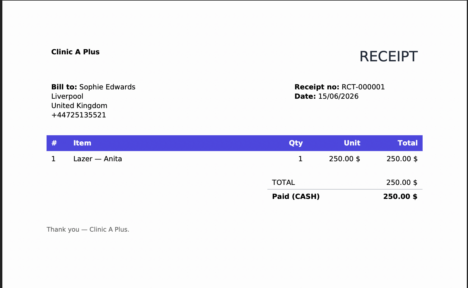 A generated invoice